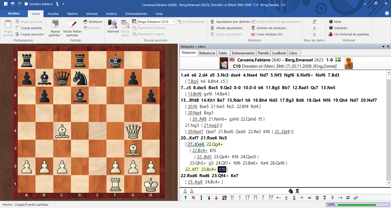 La partida abierta en ChessBase 14
