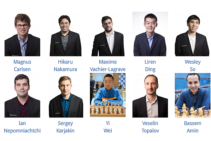 Los participantes: Magnus Carlsen, Hikaru Nakamura, Maxime Vachier-Lagrave, Ding Liren, Wesley So, Ian Nepomniachtchi, Sergey Karjakin, Wei Yi, Veselin Topalov, Amin Bassem