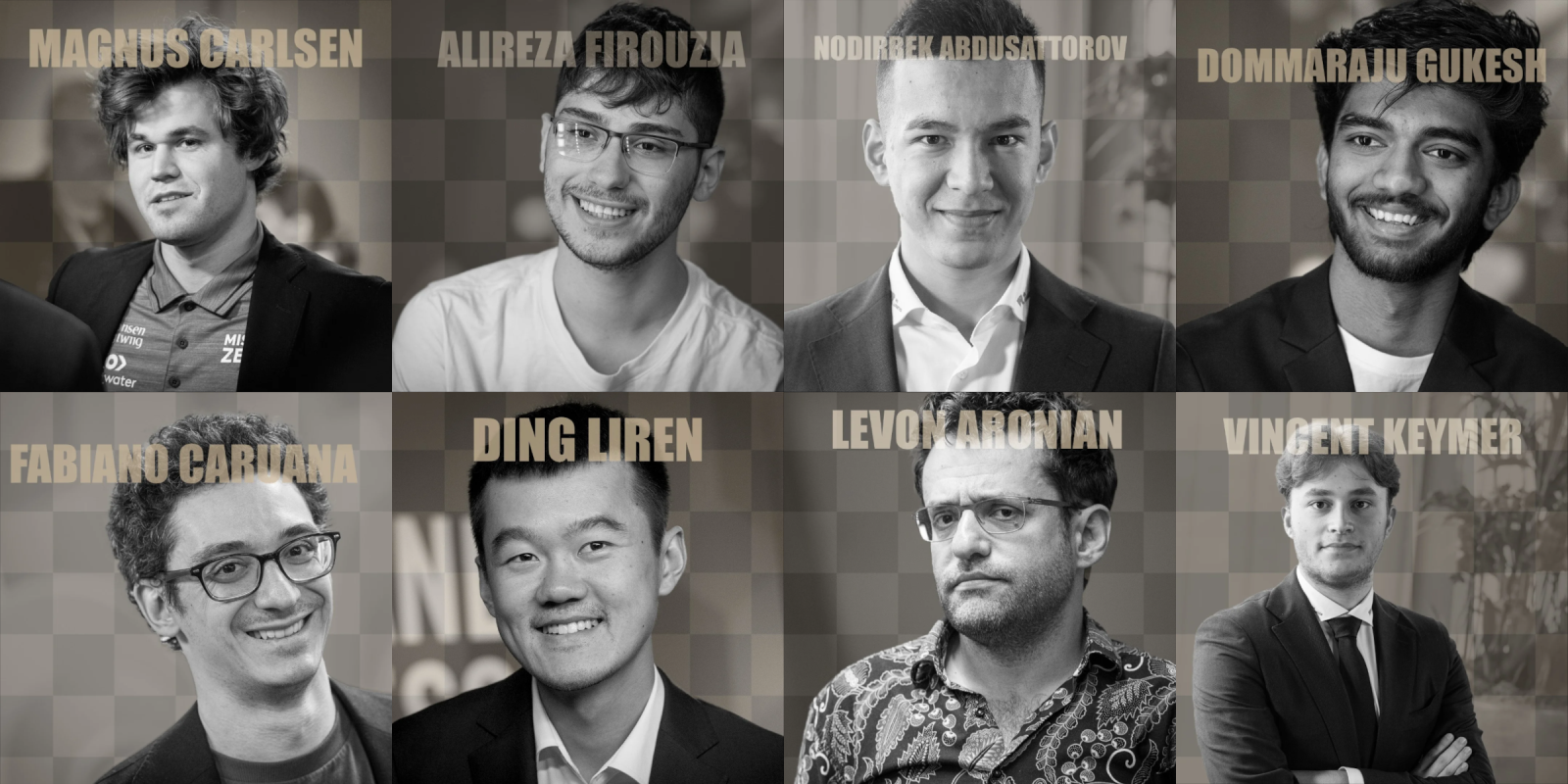 Carlsen, Firouzja, Abdusattorov, Gukesh, Caruana, Ding, Aronian, Keymer | Foto: Freestyle Chess G.O.A.T. Challenge